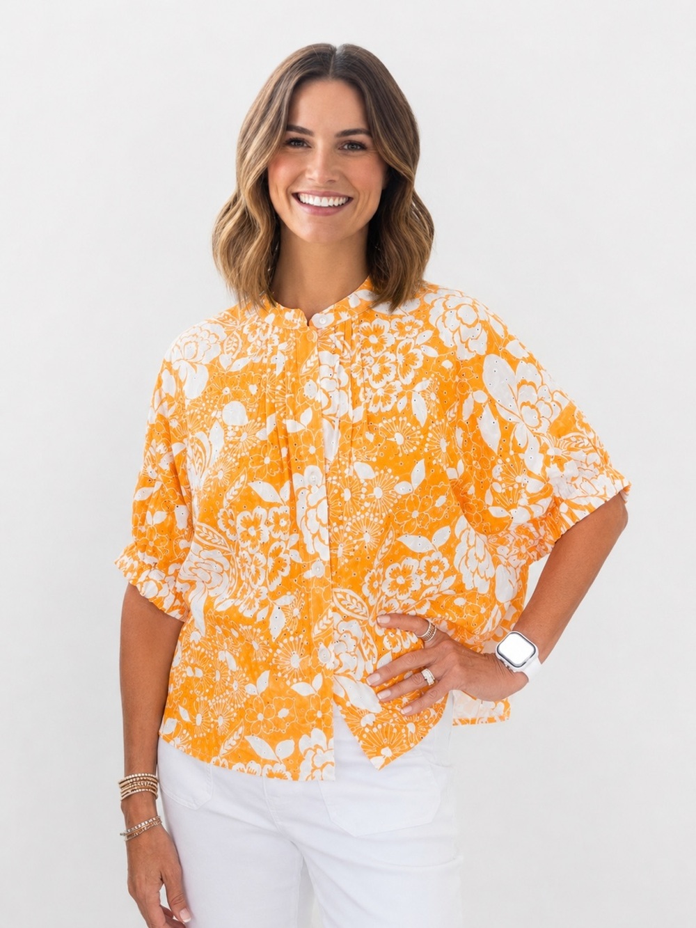 IVY JANE Orange and White Floral Button-Up Blouse